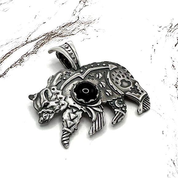 American West Black Agate Bear 925 Sterling Silver Enhancer Pendant - Picture 1 of 5